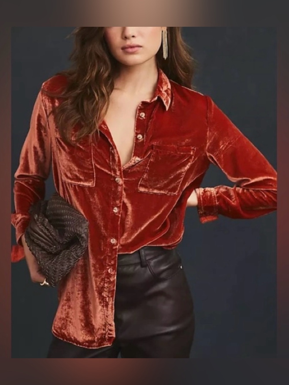 Anthropologie Pilcro Rust Velvet Button Down Tunic 2X Oversized Luxe Boho Top